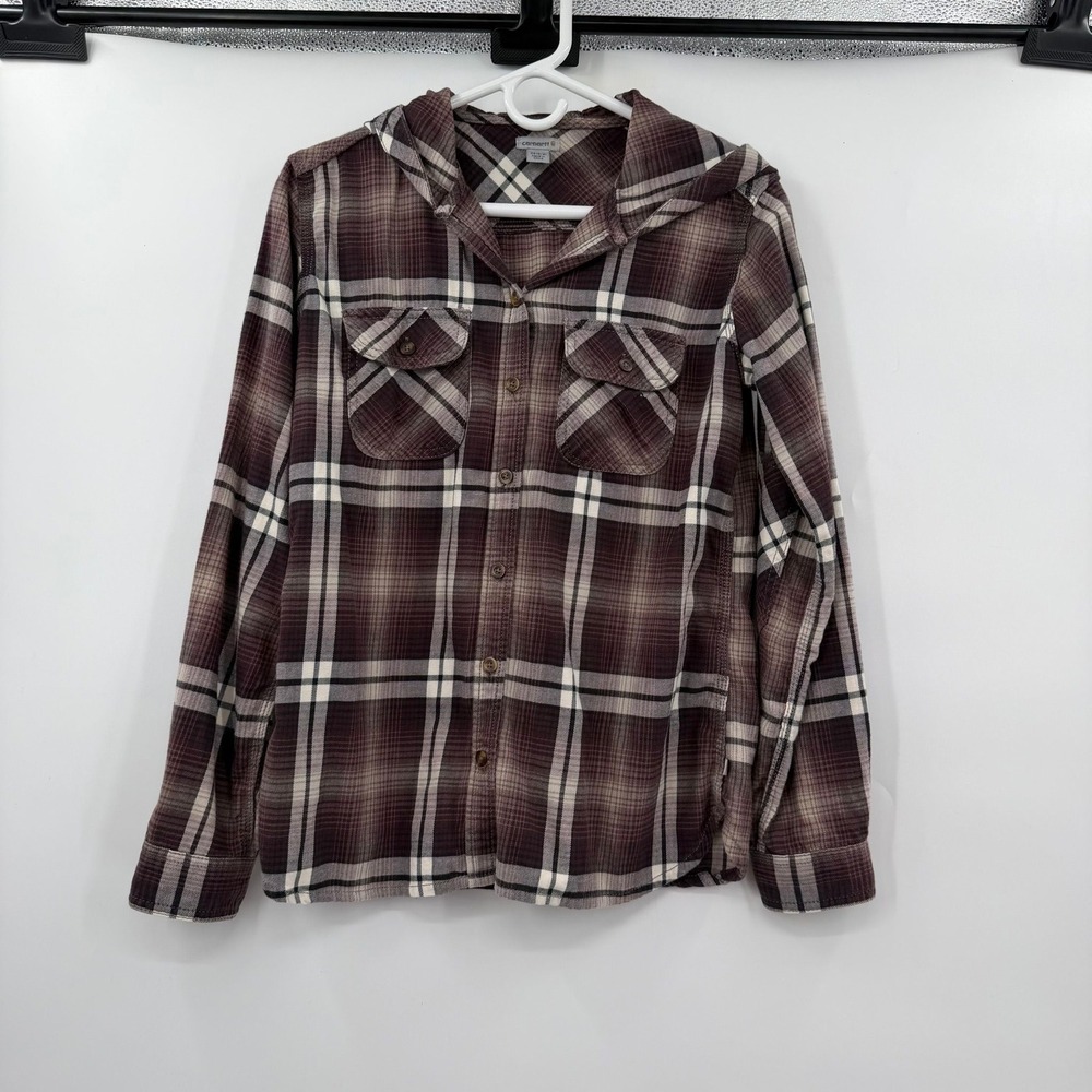 Carhartt Womens Brown White Plaid Hooded Flannel Shirt XS 0-2 Button Down